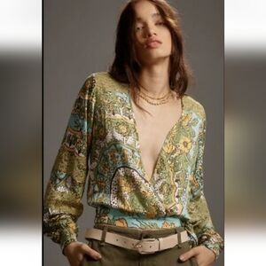 Anthropologie TINY Long-Sleeve Printed V-Neck Faux Wrap Top Lace Shirt BOHO
